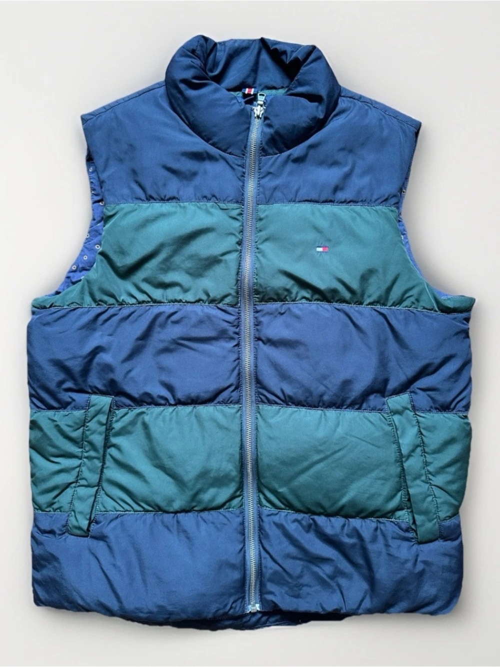 TOMMY HILFIGER Men Sz S Down Puffer Vest Colorblock Green Navy Fully Zipped Used